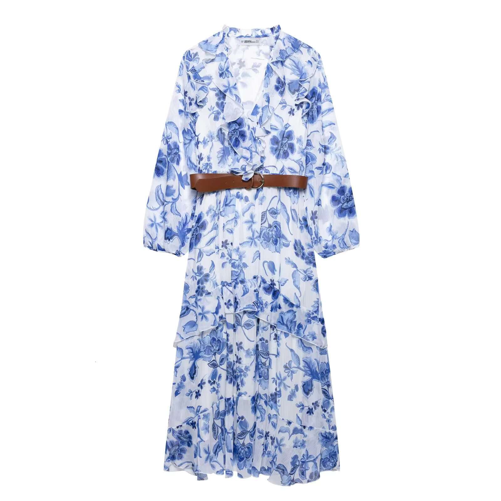 Zevity 2025 Women Bohemian Style Blue Floral Print Belt Sashes Casual Midi Dress Female Chic Cascading Ruffles Vestidos DS9027 dongdumaoyi