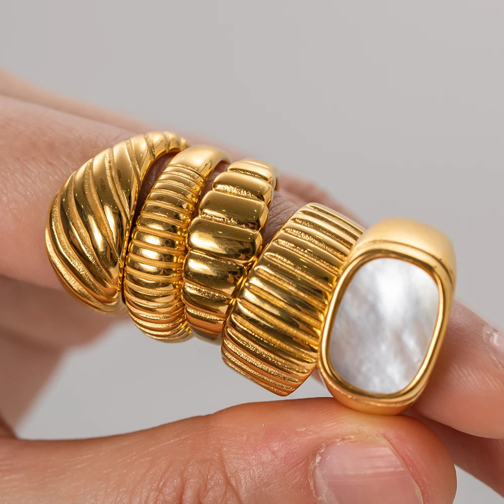 18K Gold Plated Stainless Steel Geometric Fashion Ring Waterproof Anti Allergic Colorfast Jewelry Unisex 250712