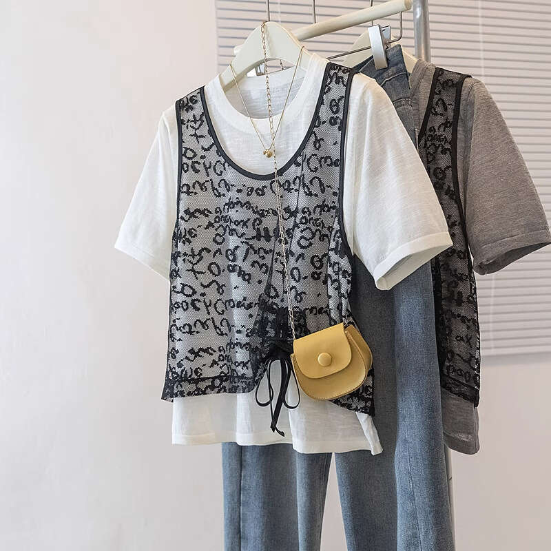 High-End Feel Plus Size Fake Two-Piece Lace Patchwork Short Sleeve T-Shirt For Women Summer Design Loose Casual Drawstring Top B5 h7