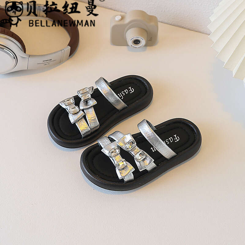 Choice Children's French Style Bowknot One-Strap 2025 Summer New Thick-Soled Rhinestone Sandals for Girls