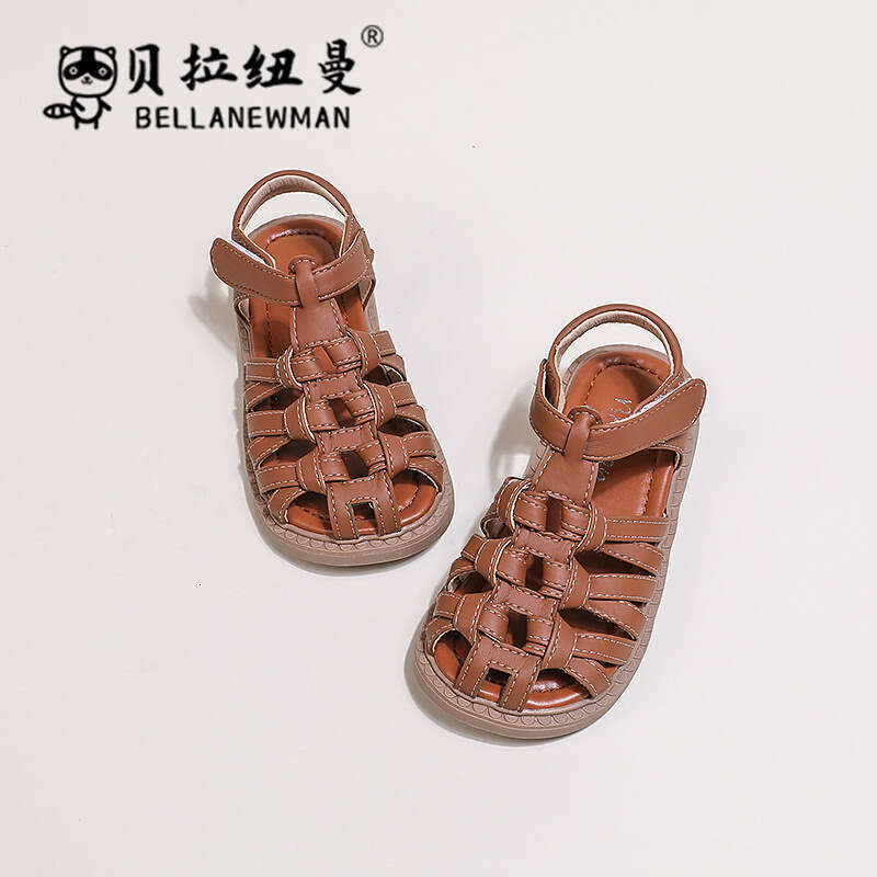 Girls' Woven Roman 2024 Summer New Style for Older Children, Children's Closed-Toe Beach Sandals