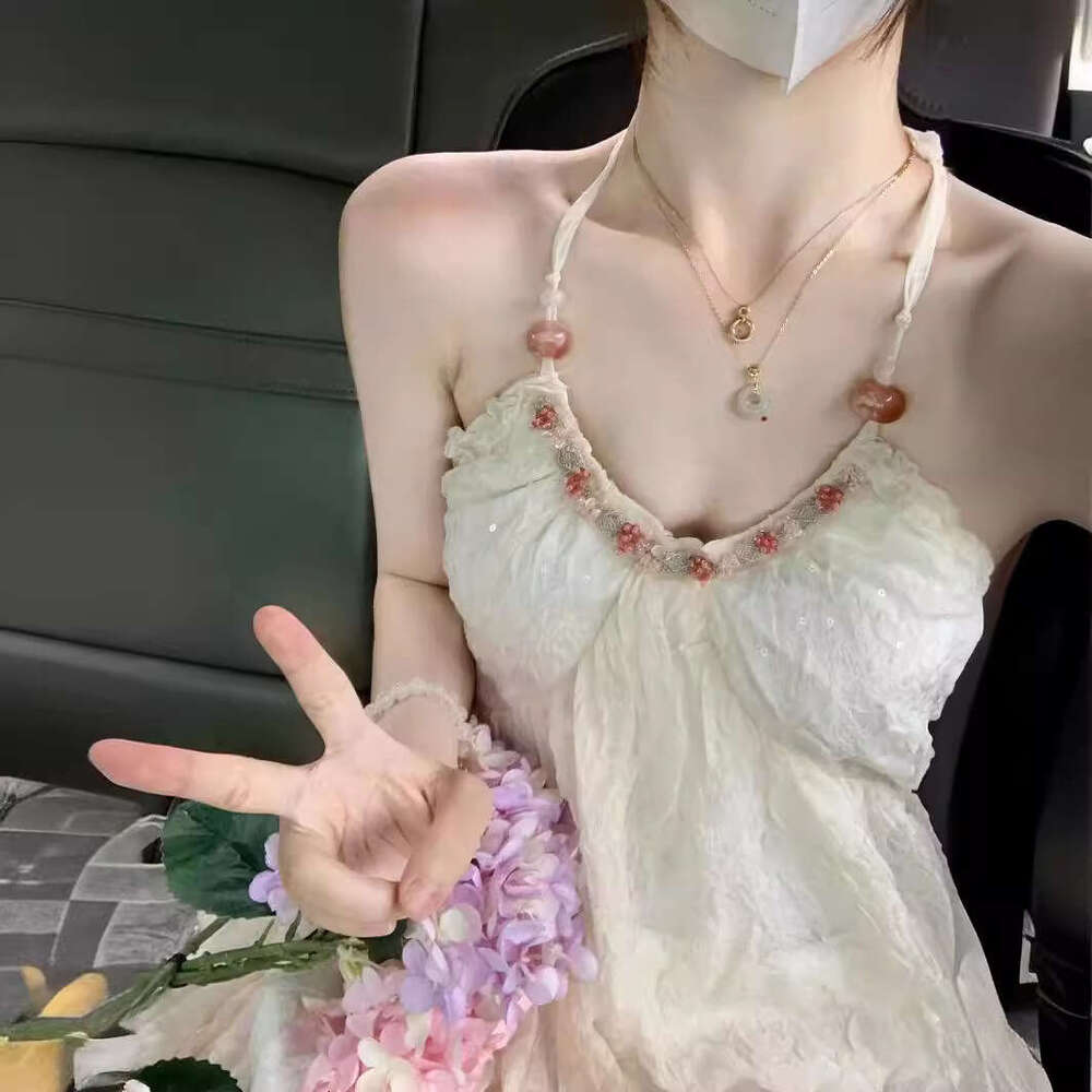 French Style White Halter Neck Strap For Women Summer New Beach Vacation High-End Elegant Long Dress B5