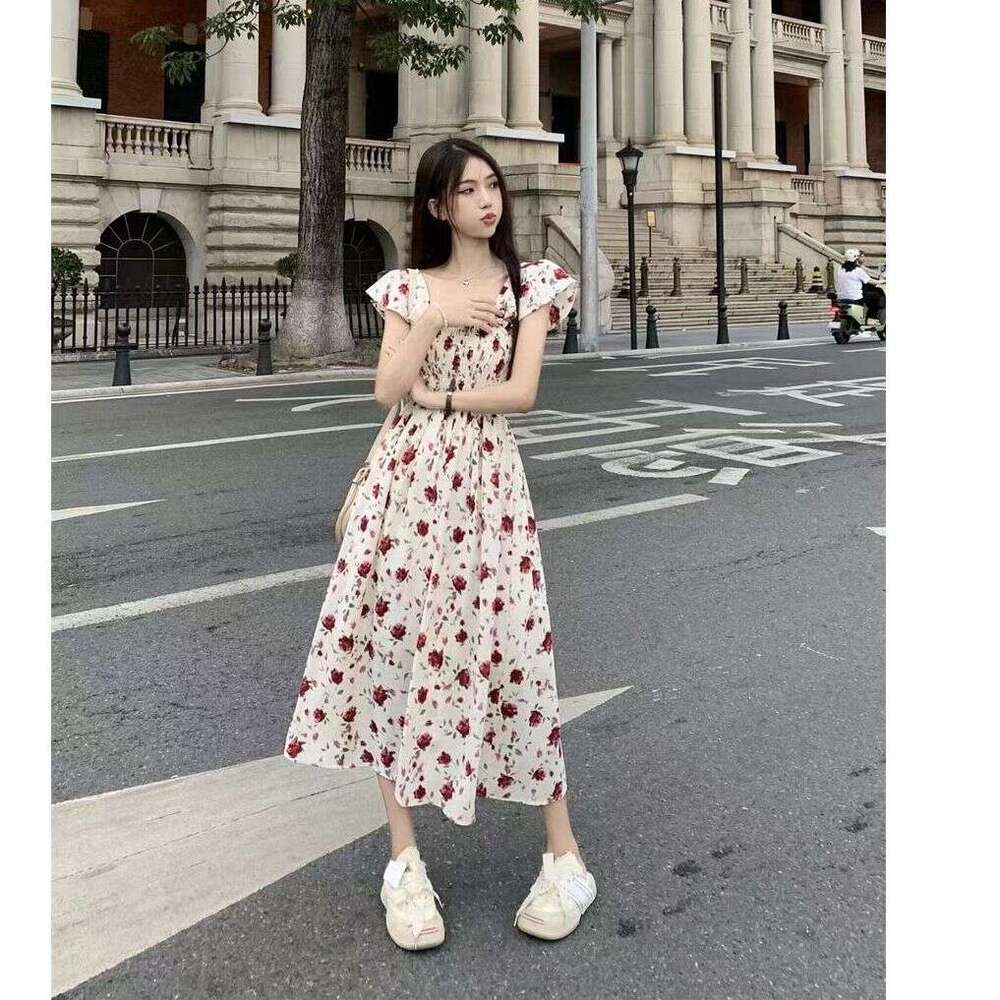 French Style Flutter Sleeve Square Neck Floral For Women Summer Vacation Beach Elegant Fairy Long Dress B5