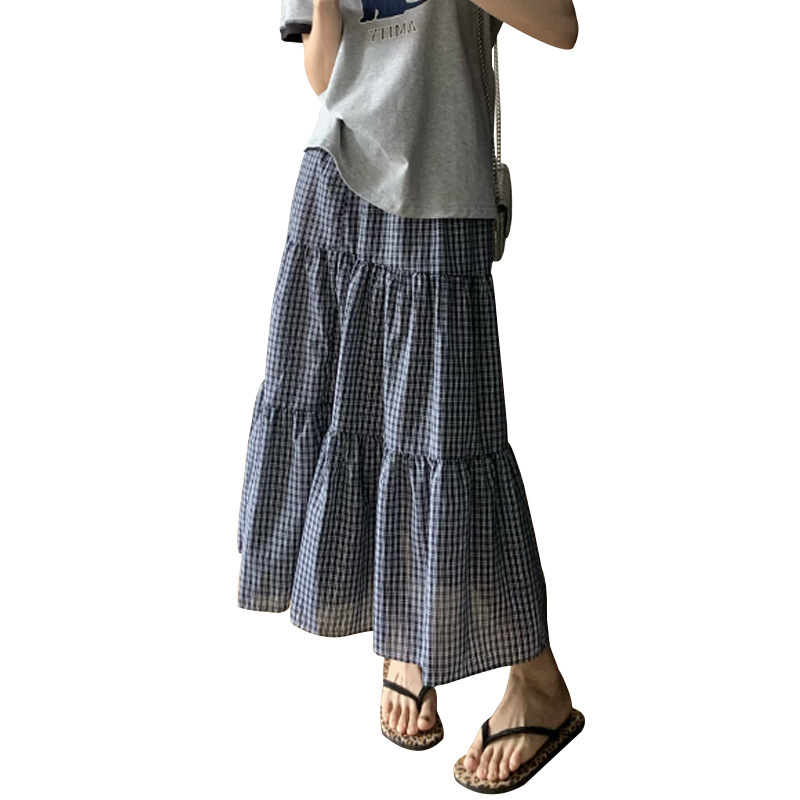 2025 New Women's Skirt Retro Lazy Style Checkered Skirt Women's Summer Loose High Waist A-line Large Bottom Casual Cake Skirt New Designer S