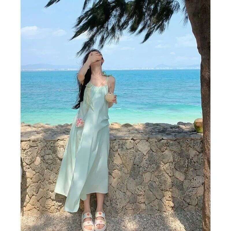 Pink French Tea Break Strap For Women, Sweet And Gentle Summer Style, Beach Vacation Long Dress B5