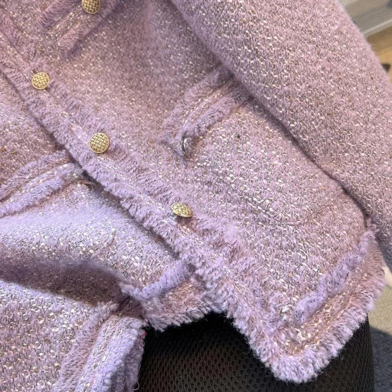 Purple Tweed Jacket Women Vintage O-Neck Metal Single Breasted Cropped Coat Autumn Winter Korean Style Elegant Jackets for Women 250708