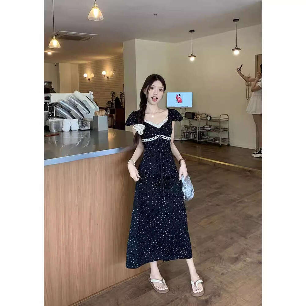 Polka Dot Black A-Line Women's Summer Design Slim Fit Elegant Umbrella French Style Long Dress Women B5