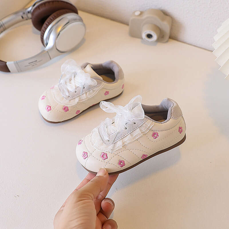 Children's Floral White Soft Sole Walking Shoes 2025 Autumn New Style Training Sneakers for Girls