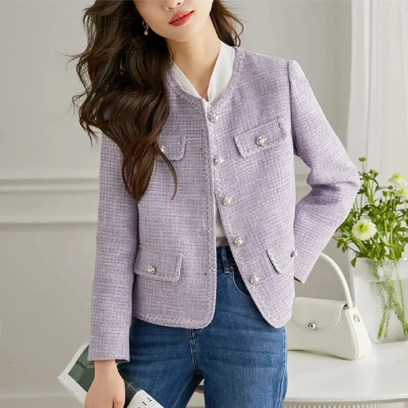 2025 Fashion Purple Tweed Suit Jacket Womens Short Coat Spring Autumn Streetwear O-neck Blazers Lady Casual Top Slim Outerwear 250709