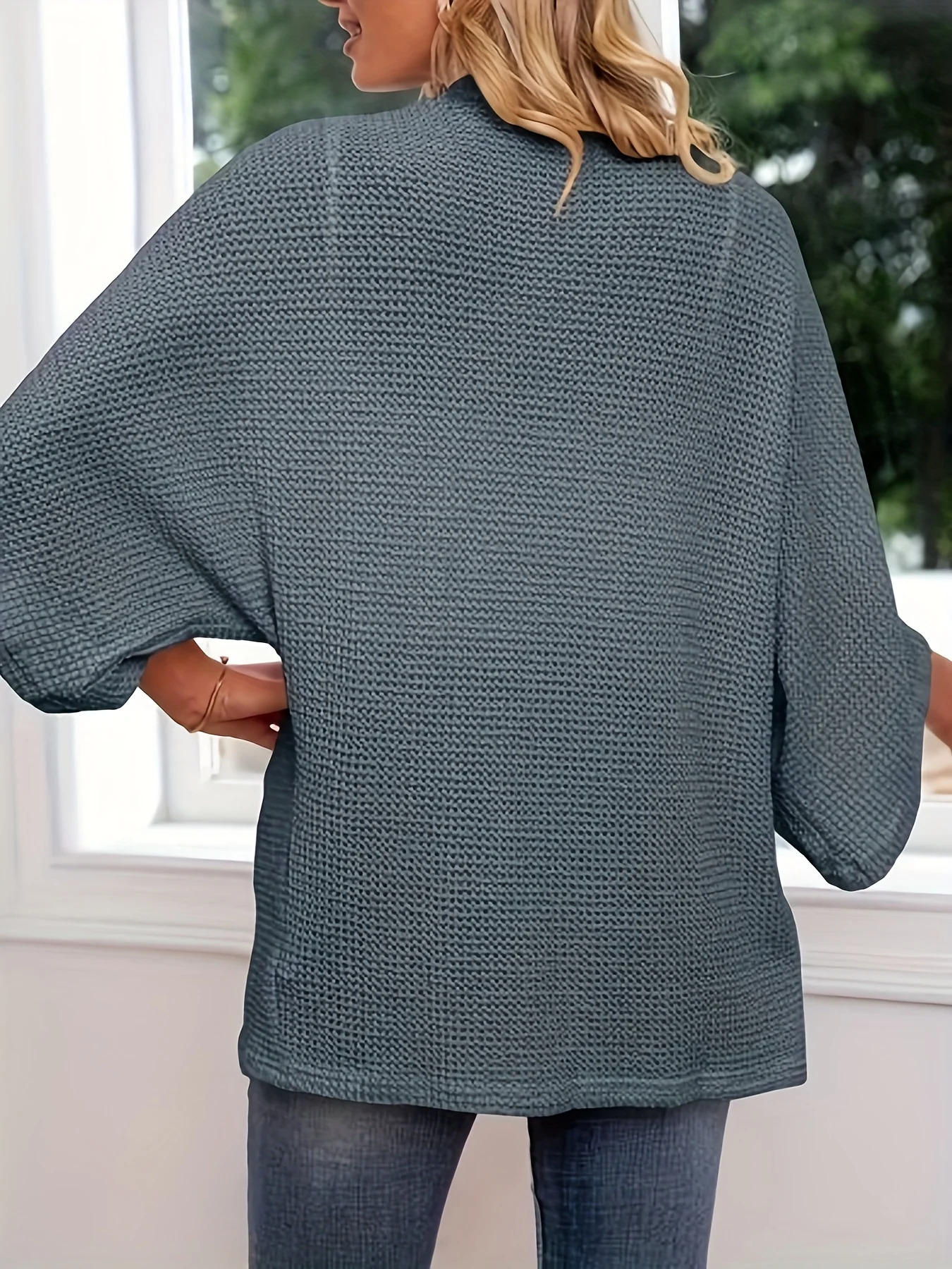 Oversized casual cardigan womens plus size waffle knit cardigan with three-quarter length sleeves 250710