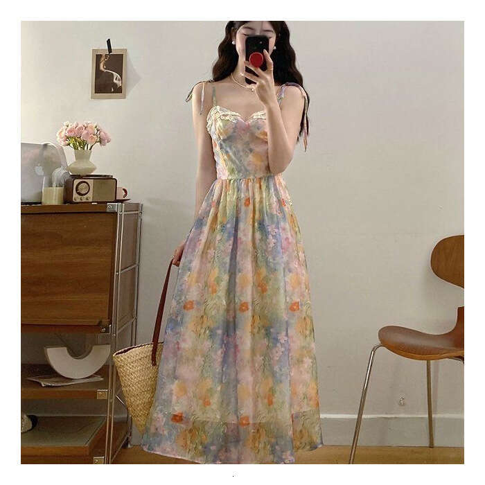 French Gentle Style Waist-Cinching Slimming Strap For Women Spring Summer Unique Distinctive Gradient Floral Long Dress B5