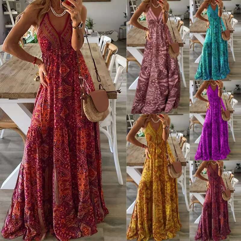 Bohemian Style New Suspender Long High Waist V-neck Printed Floral Dress Womens Clothing dongdumaoyi