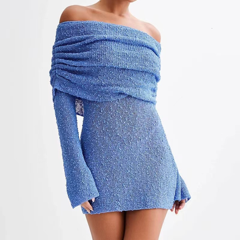 2025 New women's dress new knitted women's beach short skirt sexy perspective long sleeved off shoulder dress new designer dress