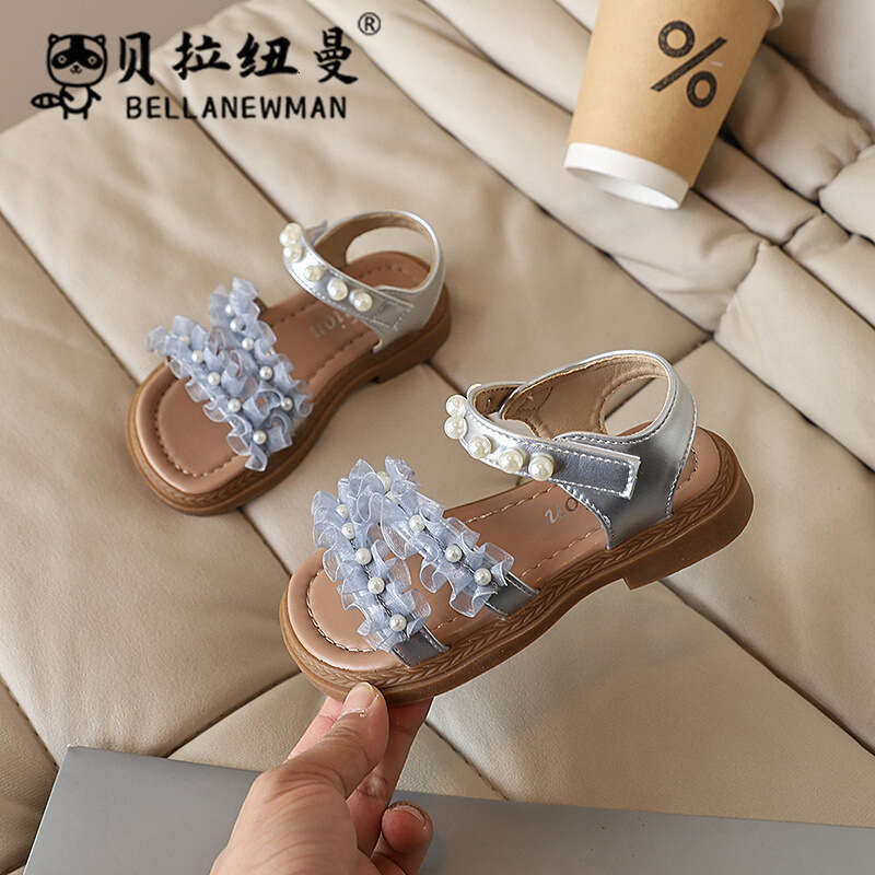 Children's 2025 Summer New Sweet Pearl Princess Shoes for Little Girls Korean Style Fashion Lace Edge Sandals