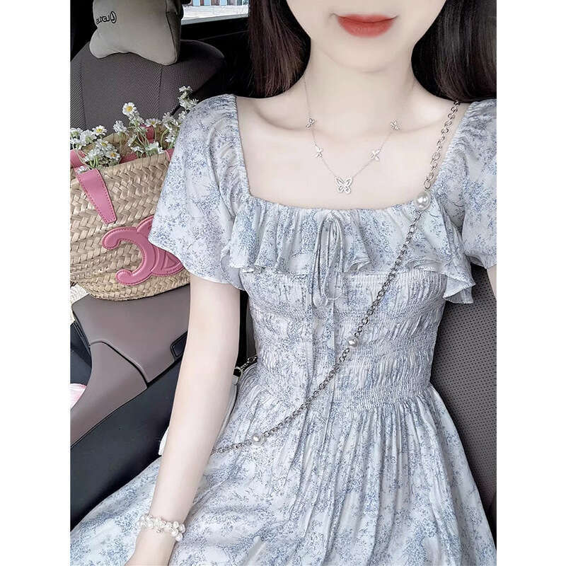 Gentle Floral French For Women Summer New Waist Slimming Vacation Style Elegant Square Neck Long Dress B5