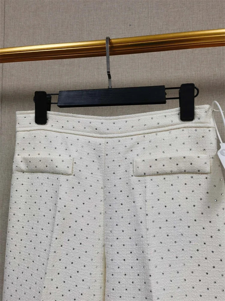 2025 Women Pearl Decoration Tweed Three-Piece Set Short Sleeve Cardigan Shirt Sleeveless Vest Outwear or Long Pants 250709