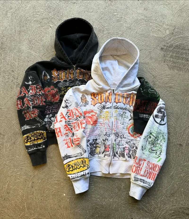 American Retro Skull Graphic Zipper Hoodie Men Gothic Punk Trendy Streetwear Jacket Hip Hop Haruku Y2K Oversized Sweatshirt