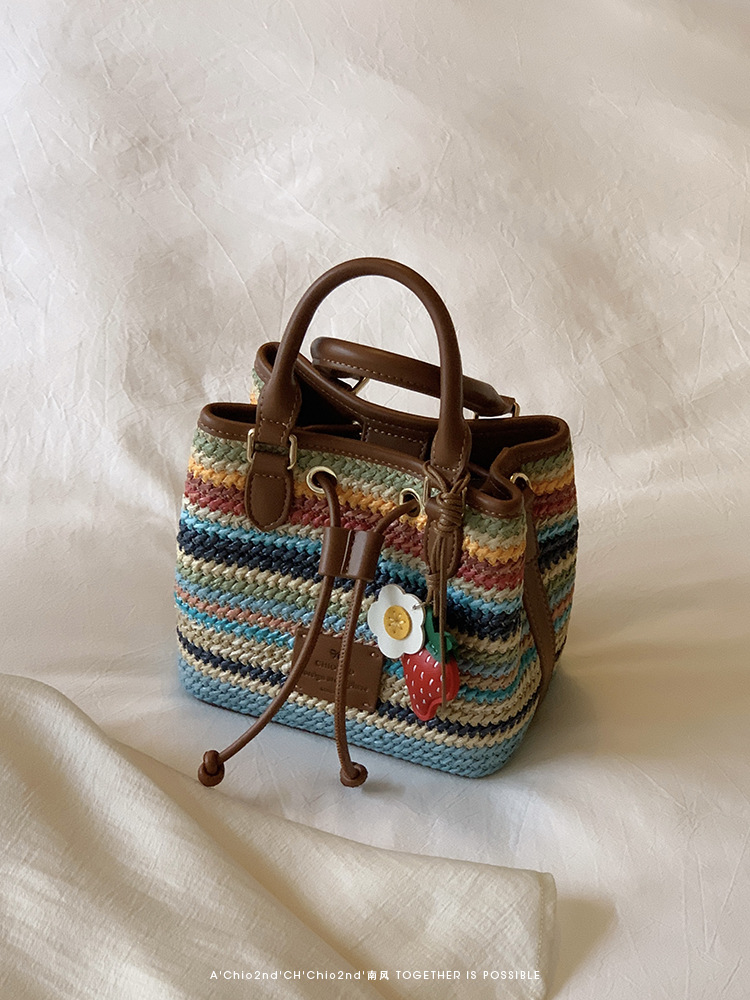 2025 New Women's Rainbow Candy Jar Bucket Bag - Woven Bag Handheld Single - Shoulder and Cross - Body Bag
