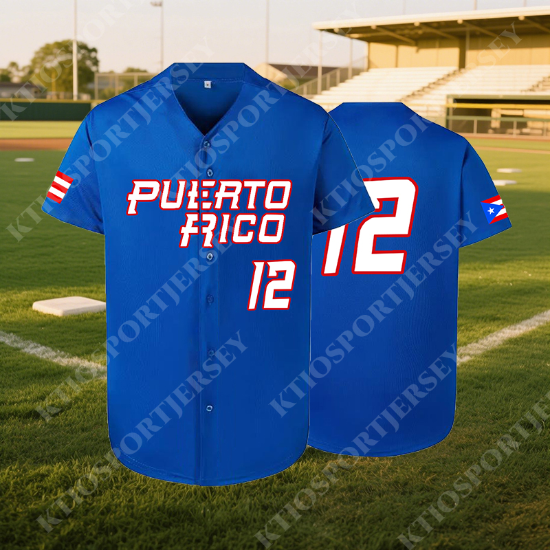 Men's 2025 Puerto Rico #12/BLue V-neck Button Embroidered Short Sleeve Letter Baseball Jacket Casual Competition Training Universal
