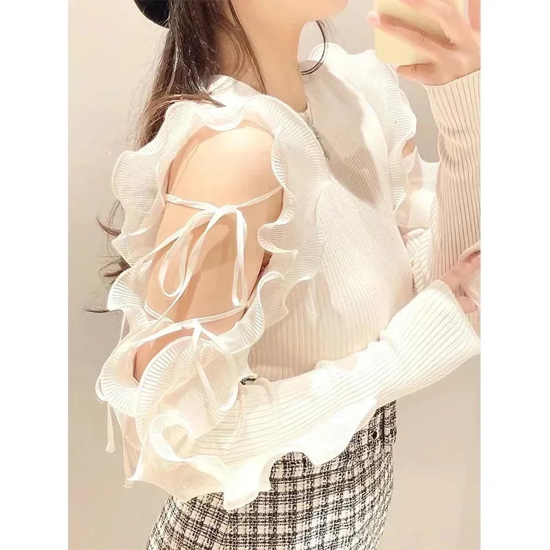 Kuzuwata Sweet Fairy Ruffled Lace Up Off Shoulder Pull Femme Slim Knit Patchwork Sweaters 205 JAPAN Autumn Winer Jumpers 250708
