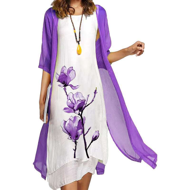 2025 new! Eu-us Summer Womens casual elegance 2 printed crew-neck loose dress sweater coat set dongdumaoyi