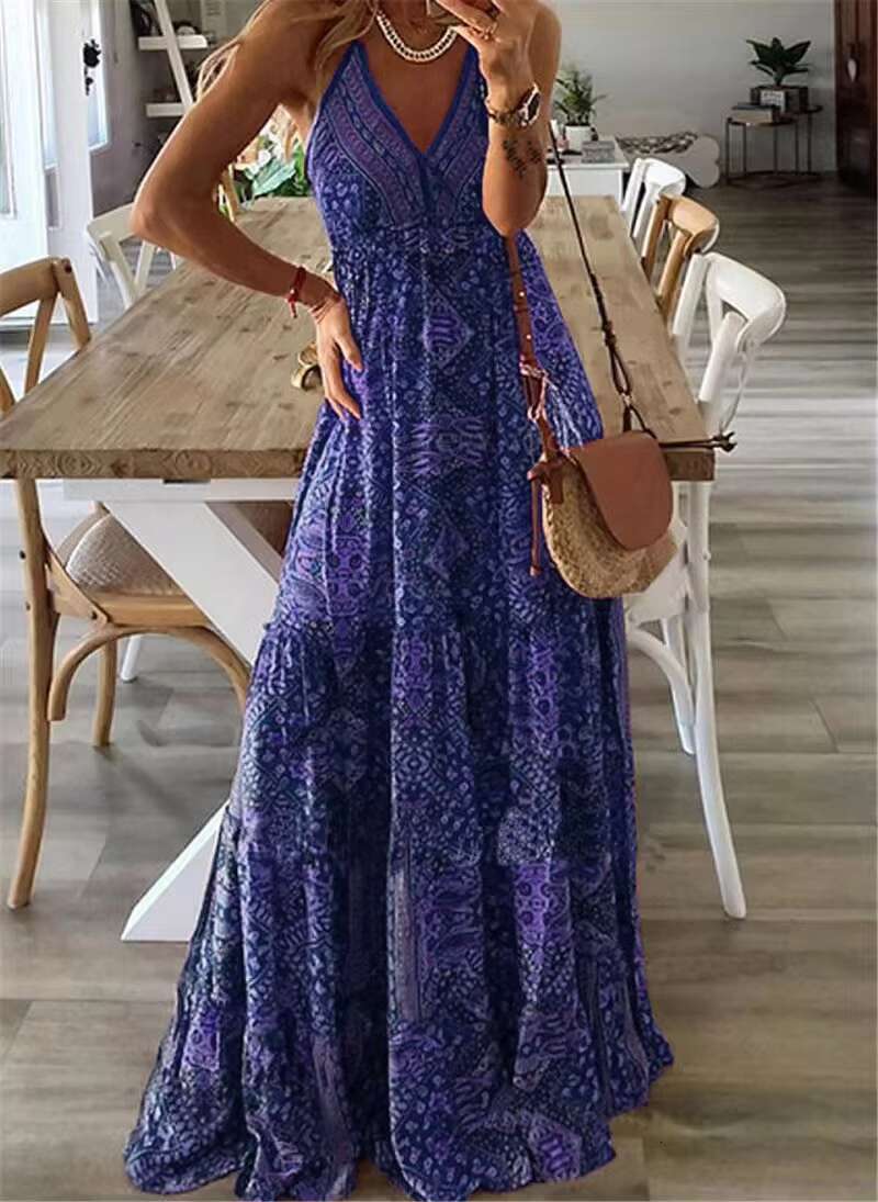 Bohemian Style New Suspender Long High Waist V-neck Printed Floral Dress Womens Clothing dongdumaoyi