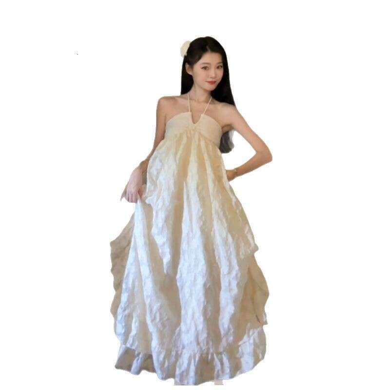 French Style Halter Neck For Women Summer Beach Photoshoot Vacation Backless Long Loose Slimming A-Line Dress B5