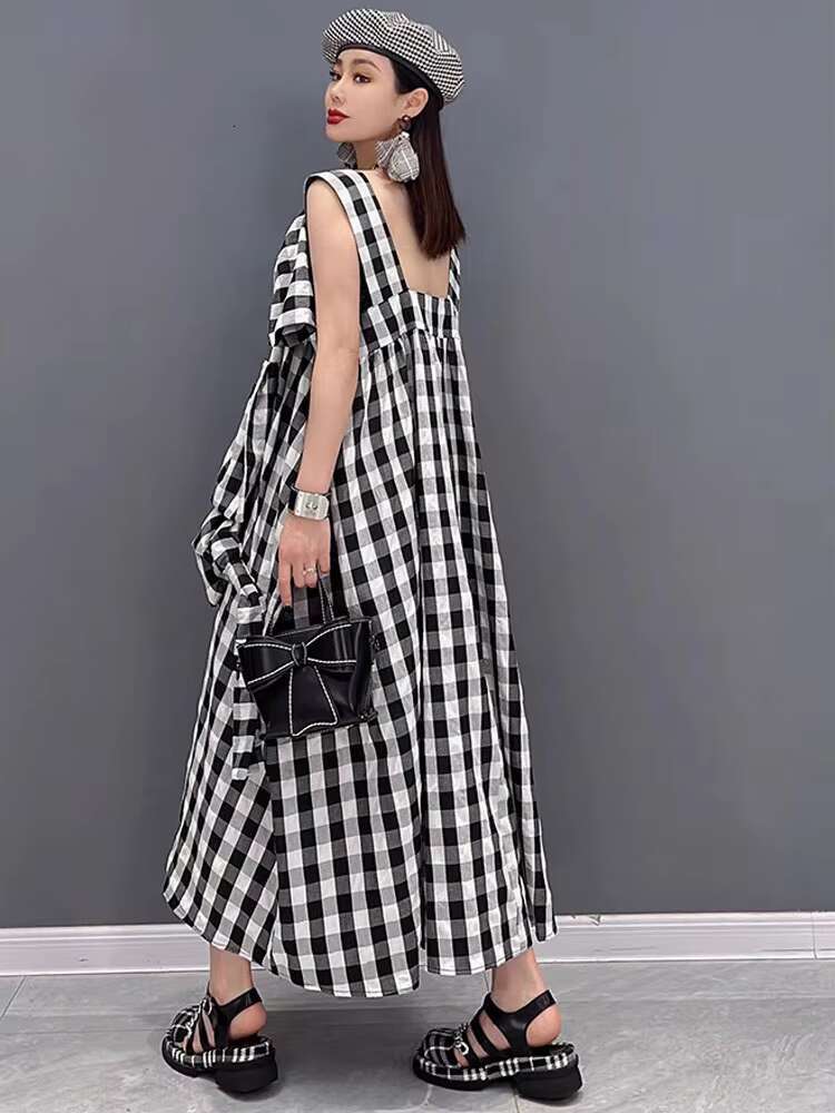 NYFS 2025 Summer New Plaid Dresses Backless Sleeveless Patchwork Bow Small Fresh Minority Elegant Loose Plus Size Long Dress dongdumaoyi