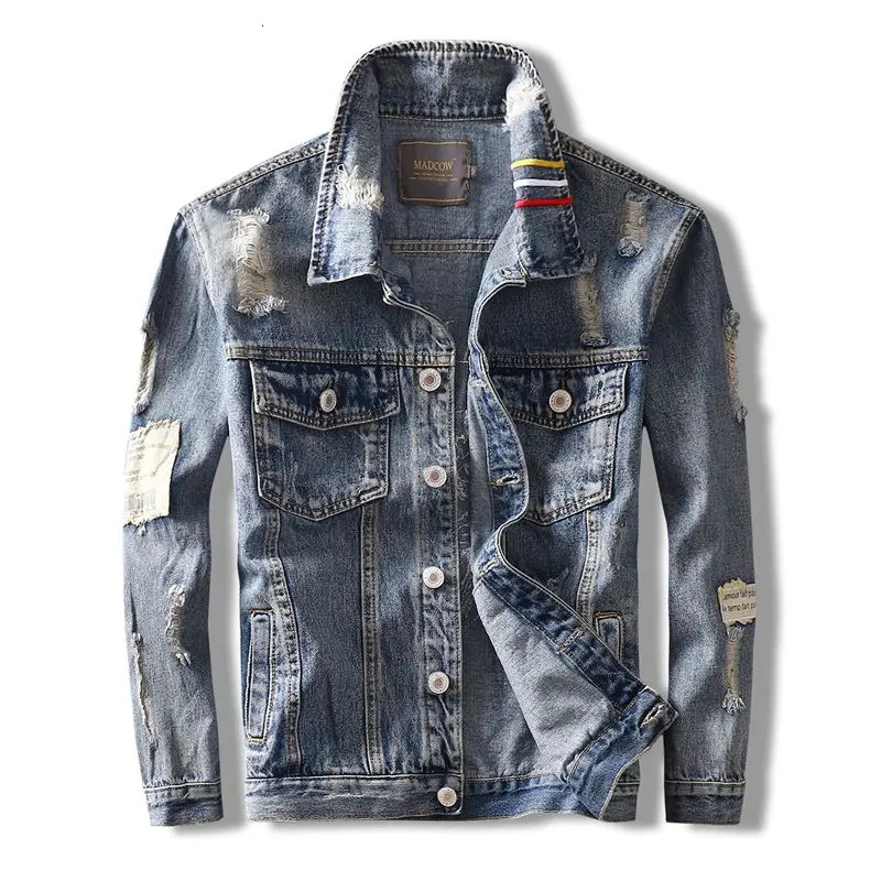 Denim Jackets Man with Embroidery Ripped Cowboy Coat for Men Hole Oversize Autumn Joker Low Price of Fabric Size L Clothing Rock 250704