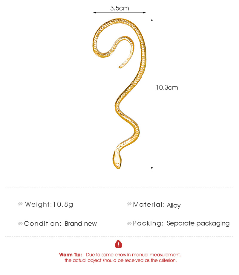 European and American Cool Style Hole less Clip on Earrings Retro One piece Alloy Zircon Snake shaped Hanging Earrings for Women with a Bold and Indiv