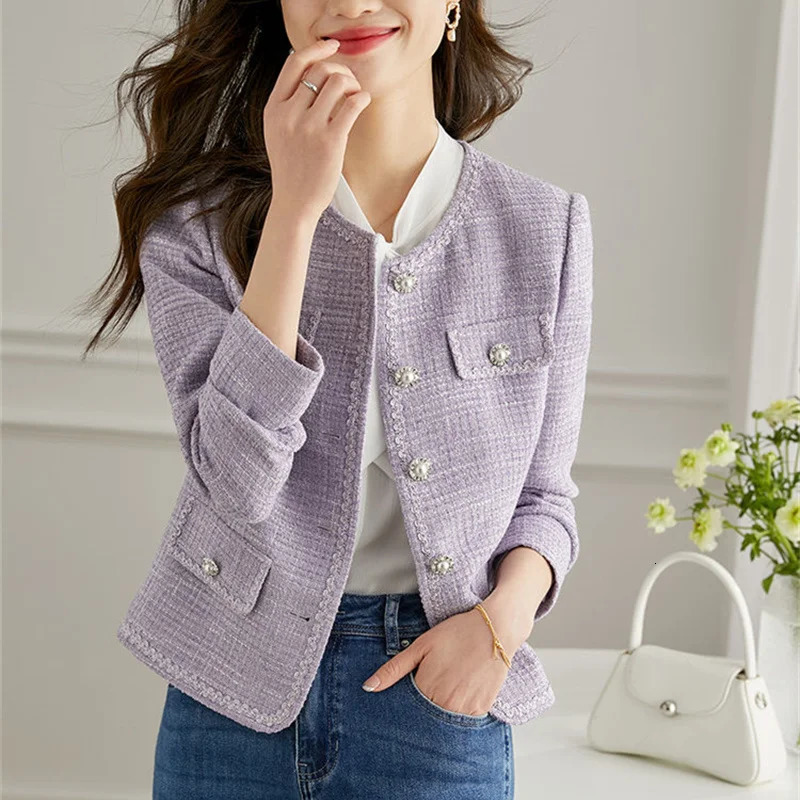 2025 Fashion Purple Tweed Suit Jacket Womens Short Coat Spring Autumn Streetwear O-neck Blazers Lady Casual Top Slim Outerwear 250709