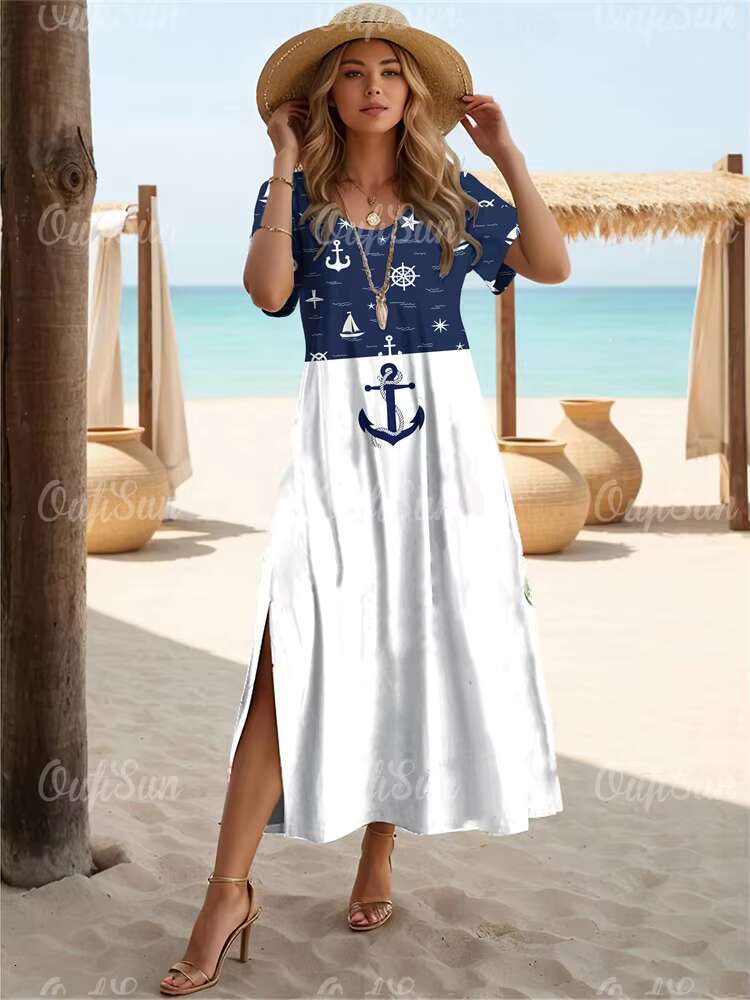 New Vacation Womens Anchor Print Elegant Midi Dresses Female Short Sleeve Dress Fashion Oversized Clothes Summer 2024 dongdumaoyi