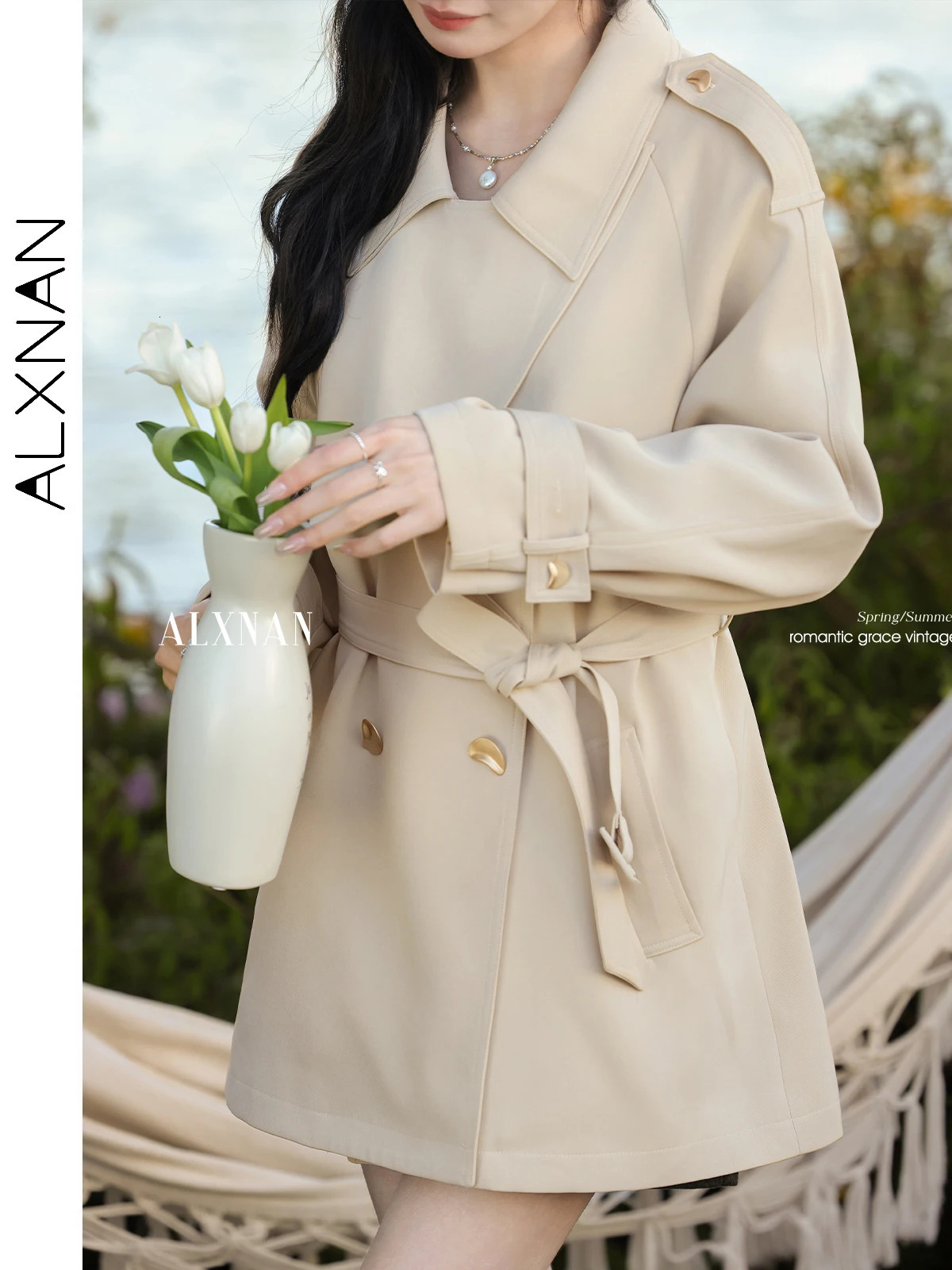 ALXNAN Apricot Womens Trench Coat Spring High-end Windbreaker Polo Collar Solid Versatile Jacket Ladies L52980 250703