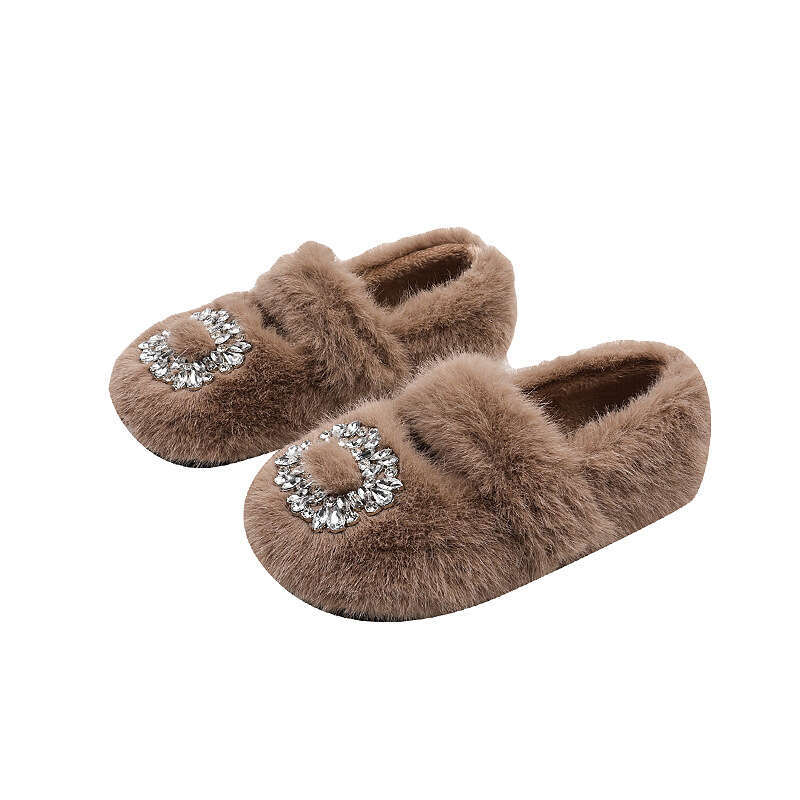 Children's with Rhinestones and Fleece Lining, 2024 Winter New Fashionable Furry for Girls, Outdoor Cotton Shoes