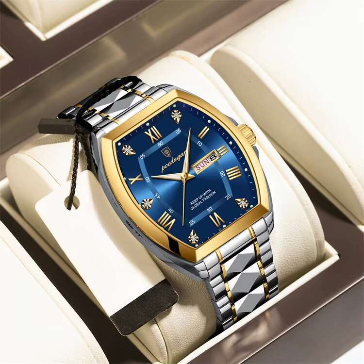 DHwatches Men's Tonneau Watch - Waterproof 50M Luminous Quartz Wristwatch with Day & Date, Stainless Steel (Model 958)