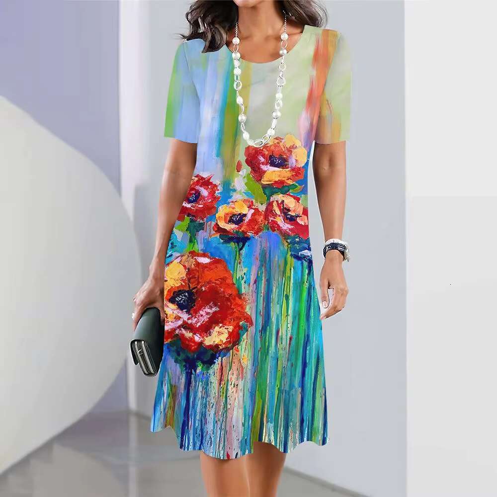 2024 New Spring Floral Printed Elegant Casual Short Sleeve Fashion Oversized Womens Dresses dongdumaoyi