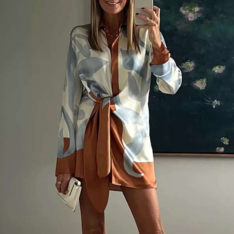 Elegant New Graphic Long Sleeve Loose Mini Casual Women Tie-up Party Ladies Fashion Lapel Collar Shirts Dress