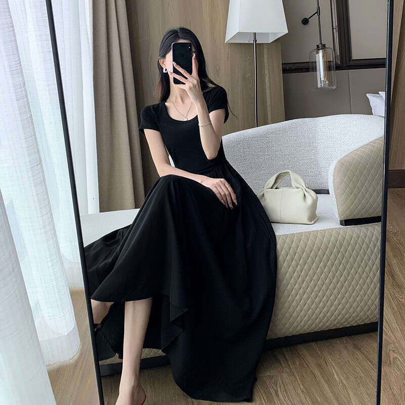 Plus Size Korean Hepburn Style Square Neck Short Sleeve Patchwork For Women Summer Waist Slimming Elegant Age-Reducing Long Dress B5