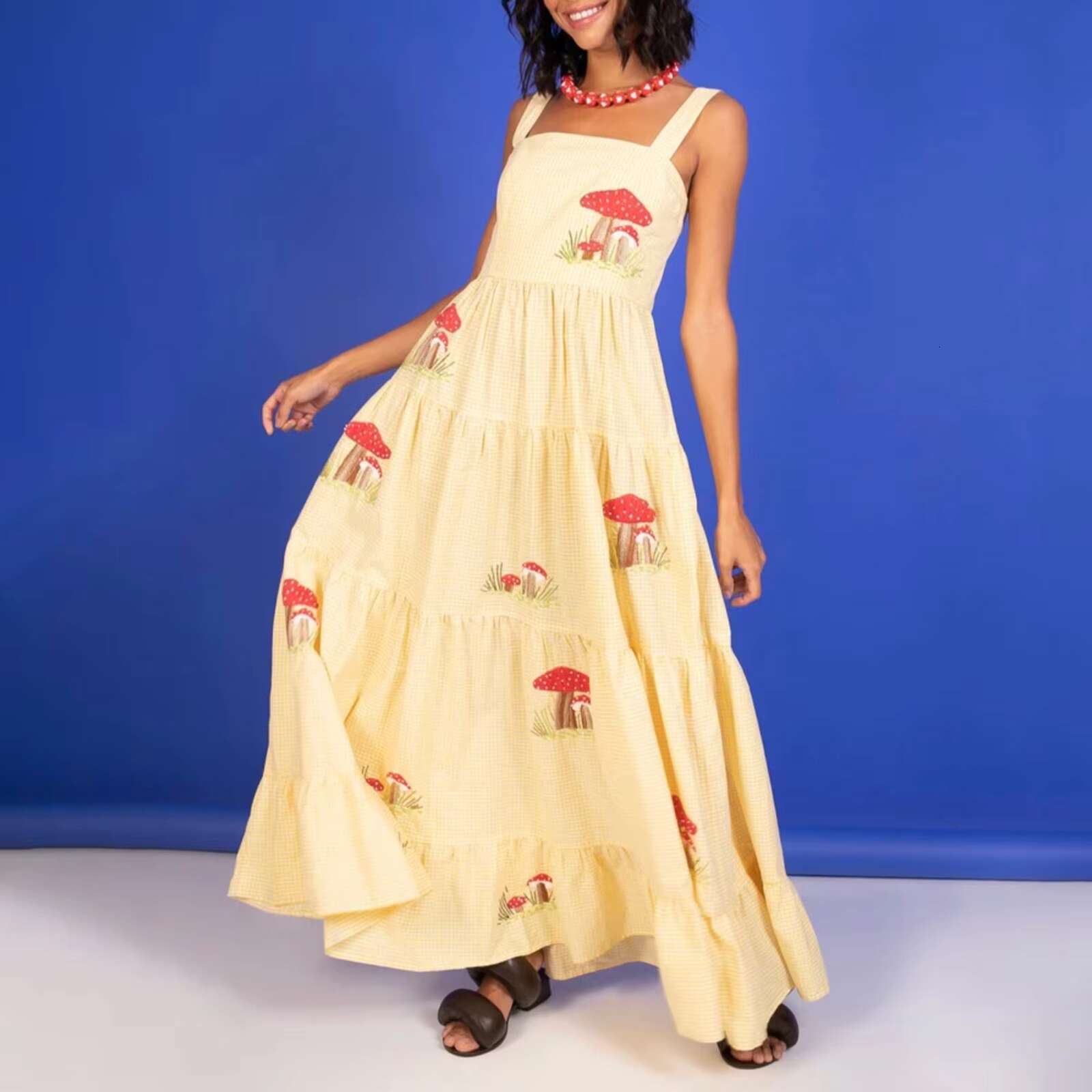 Imcute Women Cute Embroidered Beach Summer Boho Ruffle Long Spaghetti Strap Flowy Maxi Dress dongdumaoyi