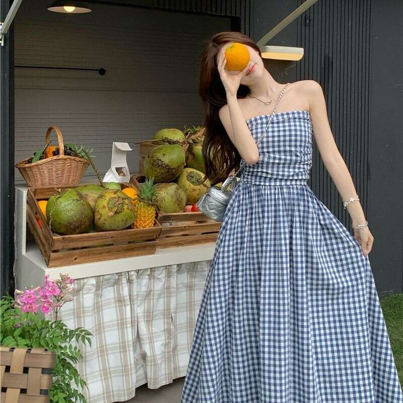 Summer Plaid Strapless For Women French Style High-End Elegant Waist-Slimming Vacation Long Dress B5