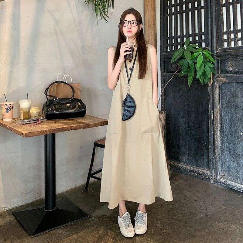 High-End Elegant Sleeveless Vest For Women Summer New Lazy Style Loose Slimming A-Line Long Dress B5