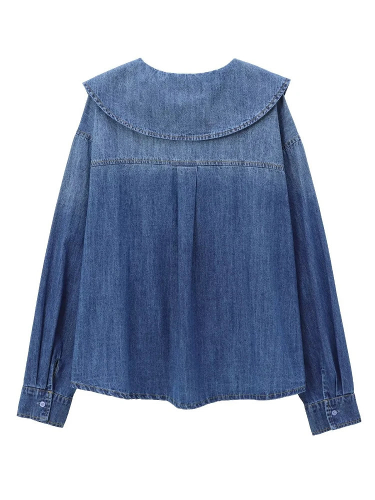 ZBZA Womens Casual Doll Collar Denim Shirt Long Sleeves Single Breasted Loose Solid Versatile Cowboy Blouses Fall Chic Top 250704