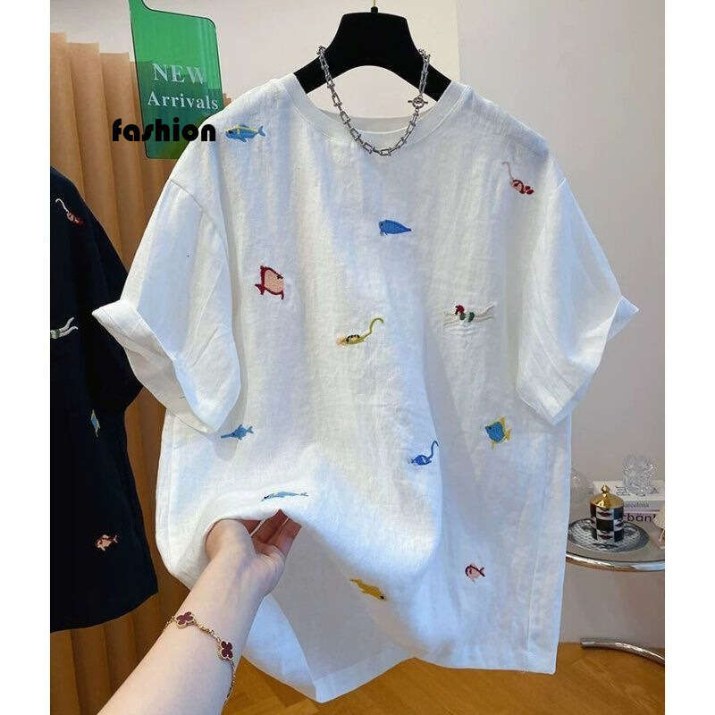 White Animal Embroidery Round Neck Short Sleeve T-Shirt For Women Summer New Loose Casual Korean Style Top B5 h7