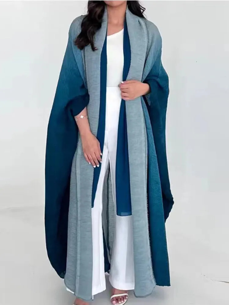 Fashion Gradient Pleated Many Colors Long Coat Women Belt Gathered Waist Loose Party Windbreaker Elegant Clothing 250708