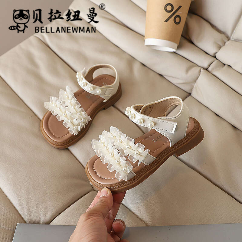 Children's 2025 Summer New Sweet Pearl Princess Shoes for Little Girls Korean Style Fashion Lace Edge Sandals