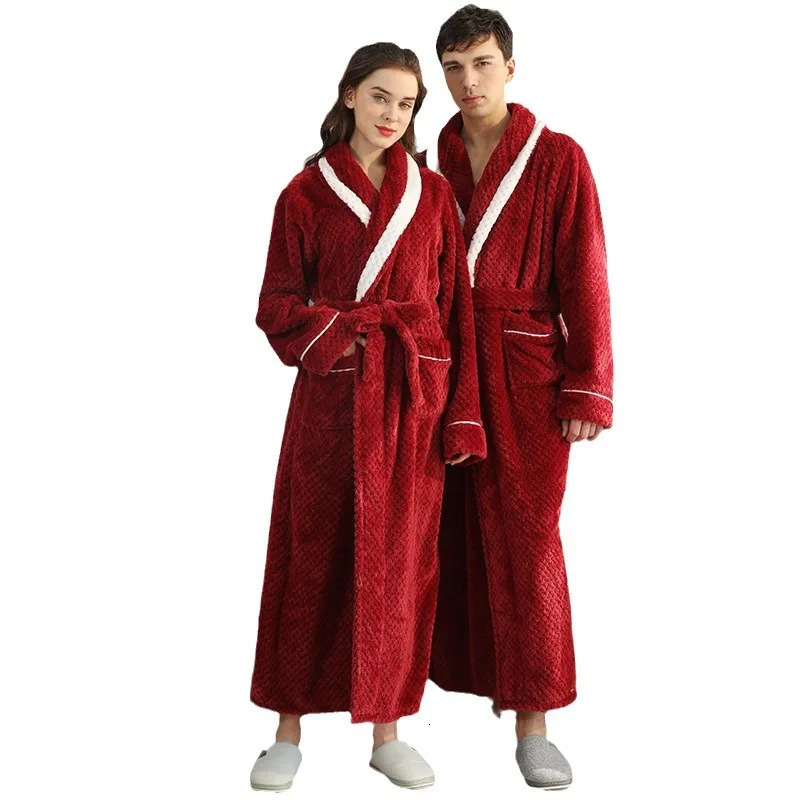 Winter Lovers Solid Flannel Thicken Robe Sets Couple Long Bathrobe Gown Nightwear With Pocket Intimate Lingerie Home Clothing 250710
