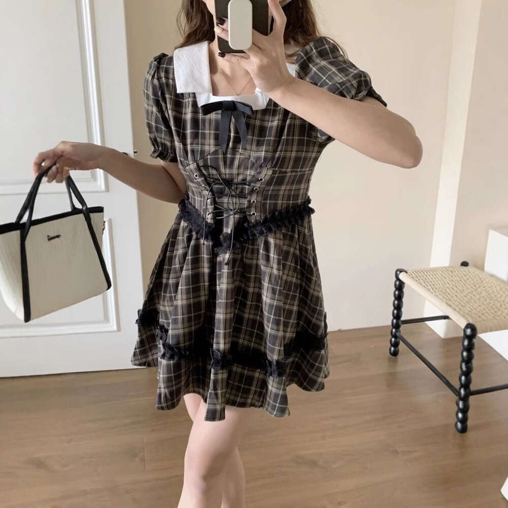 French Black Plaid For Women Summer New Korean College Style Puff Sleeve Waist-Cinching Short Dress B5
