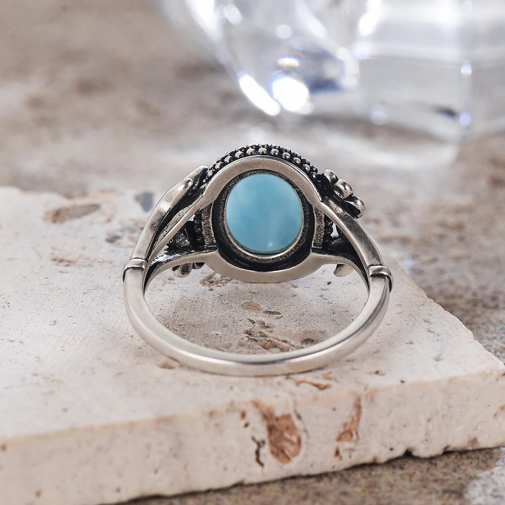 Silver 925 Vintage Rings Oval 8X10MM Larimar Natural Stone With Flower And Leaves Fine Jewelry For Women Men Gifts 250712