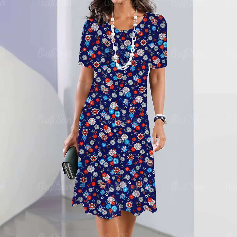 2023 Summer Womens Crushed Flower Elements Travel Party Dresses Elegant Casual Loose Short Sleeve Dress dongdumaoyi
