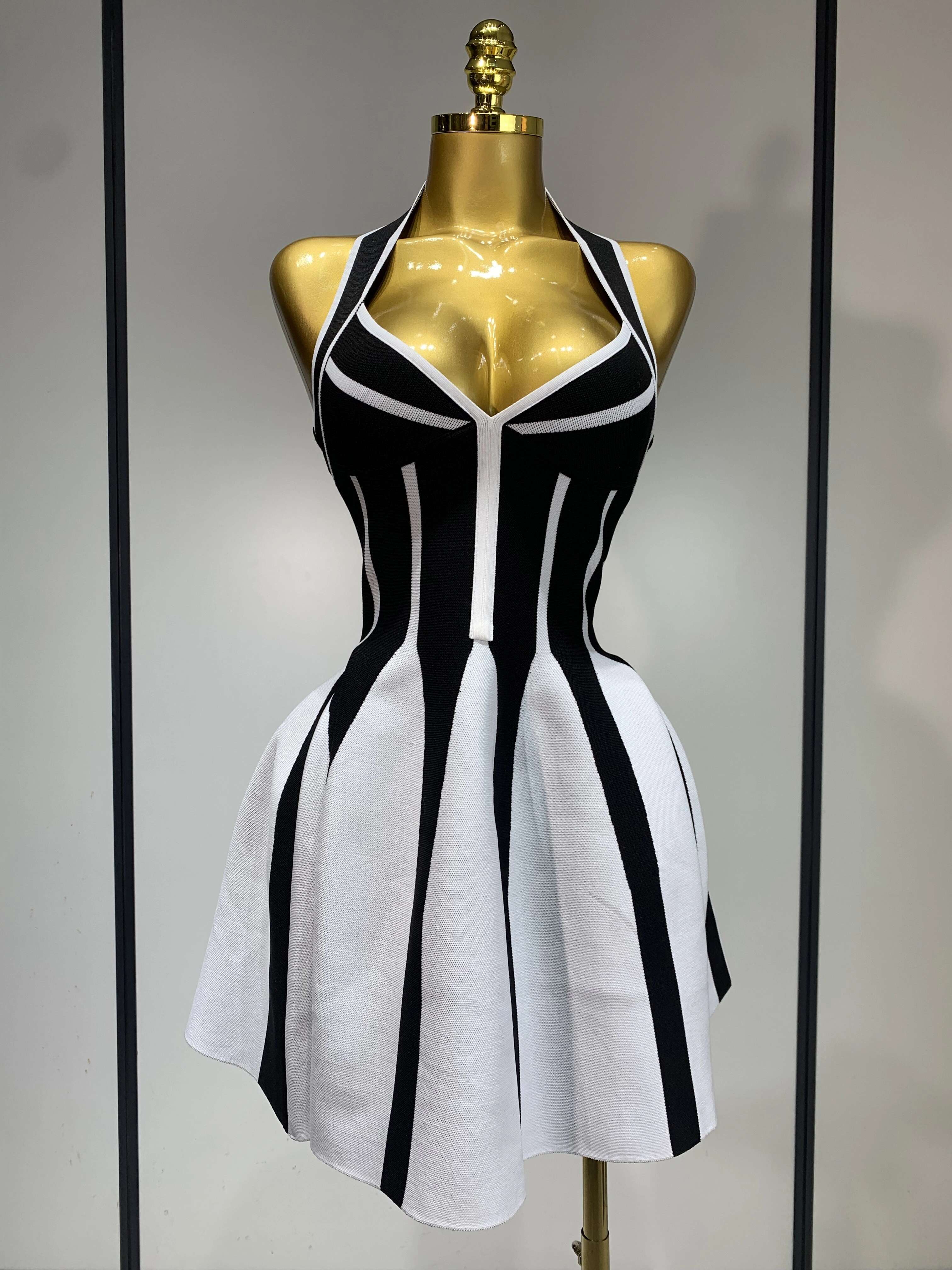 Women Sexy Backless Black White Stripes Halter Bandage A Line Short Celebrity Elegant Evening Party Holiday Club Dress dongdumaoyi